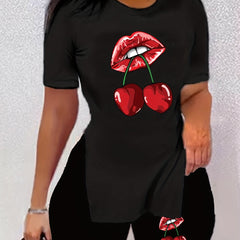 Cherry & Lip Print 2pc Set Split T shirt & Shorts