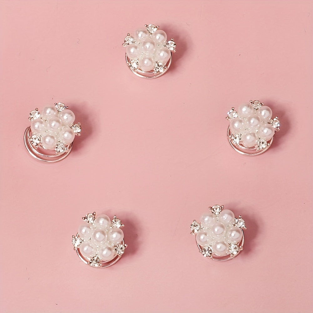 5pcs Bridal Faux Pearl Spiral Hair Ring Rhinestone Head Jewelry