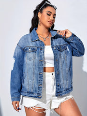 Casual Denim Jacket Women's Plus Washed Ripped Long Sleeve Button Up