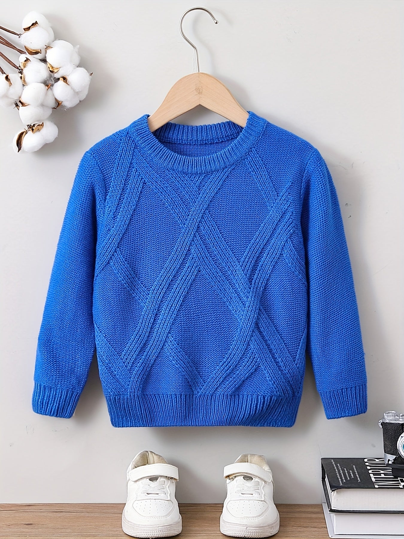 Boys Solid Sweater Round Neck Long Sleeve Stretch Warm Knit Pullover