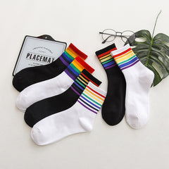6 Pairs Rainbow Striped Socks - Women's Mid Tube Socks