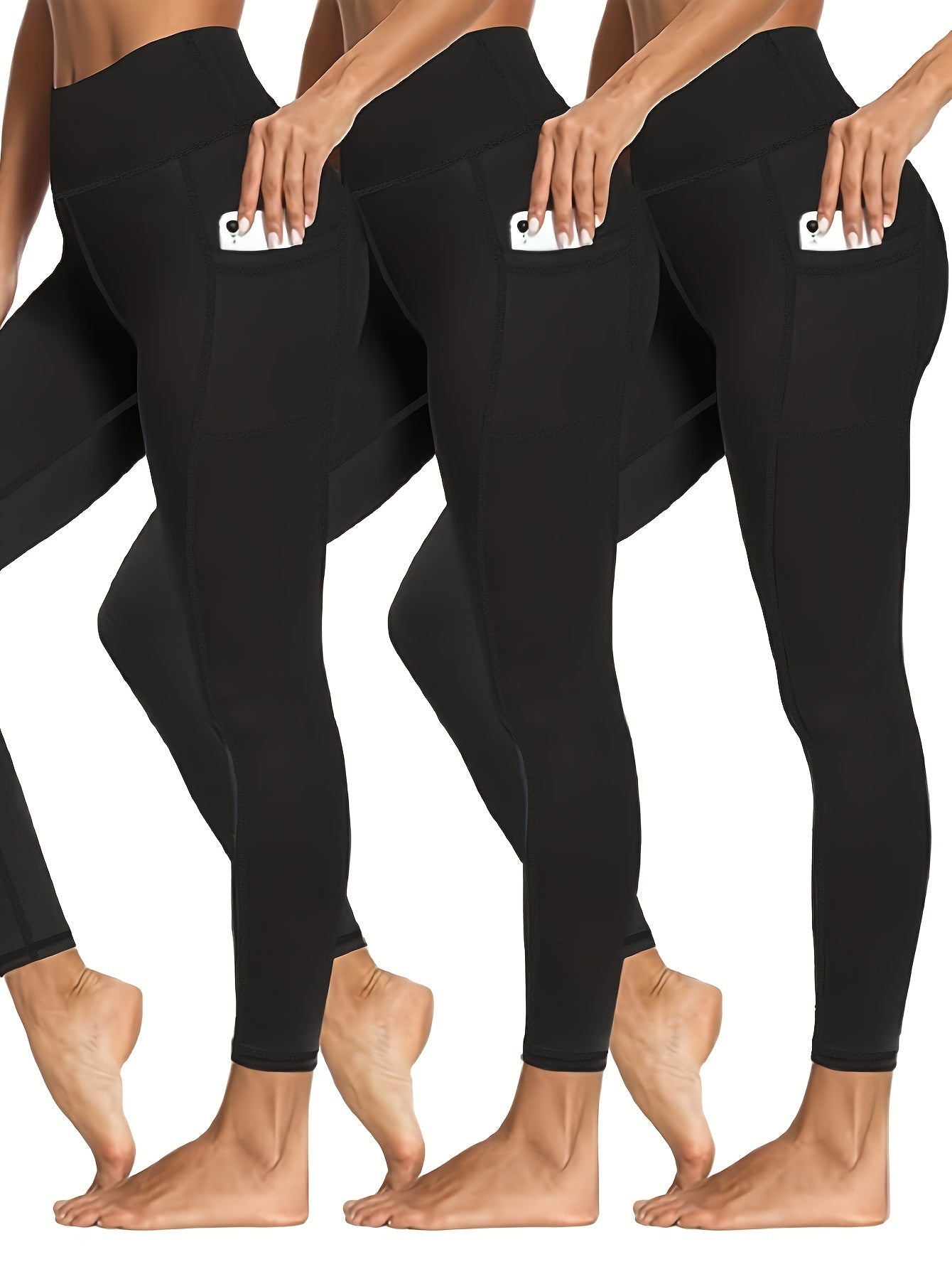 3 Pack Plus Size Sports Leggings Women's Plus Solid Pipping High Stretch