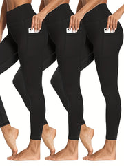 3 Pack Plus Size Sports Leggings Women's Plus Solid Pipping High Stretch