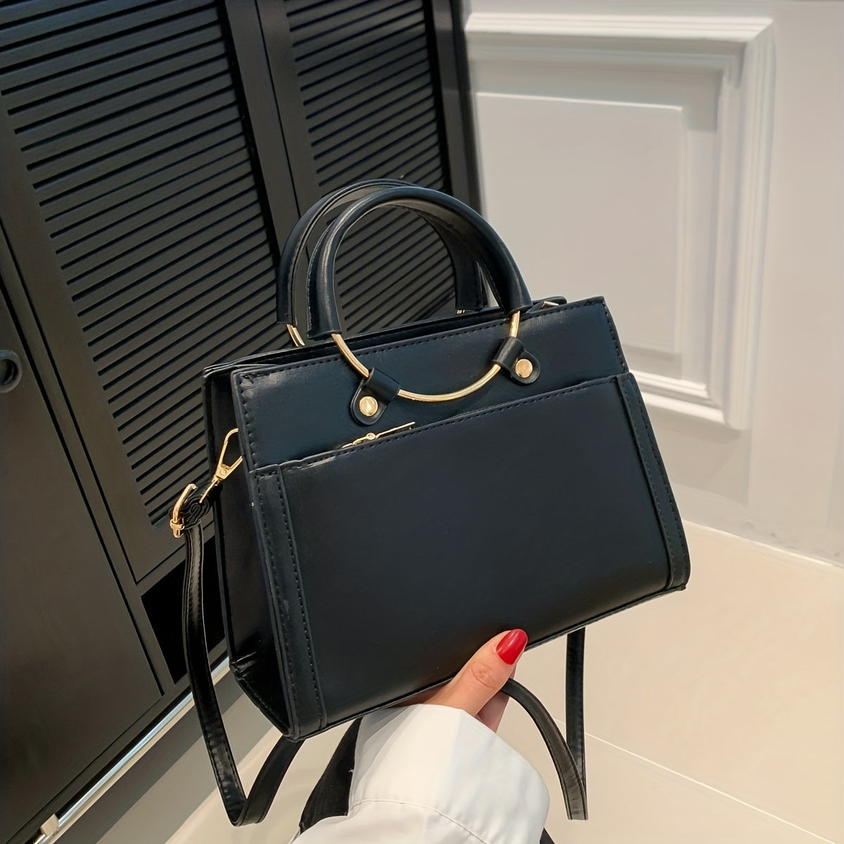 Round Handle Satchel Crossbody Tote Bag PU Leather Textured Shoulder Bag