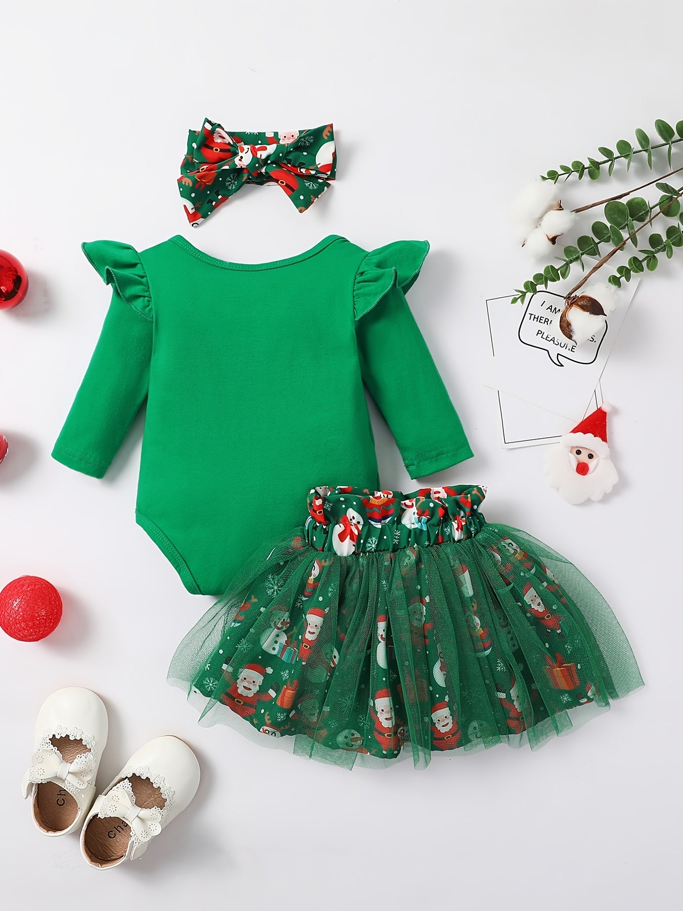 Baby Girls Christmas Outfit Long Sleeve Romper & Snowman Tulle Dress Set