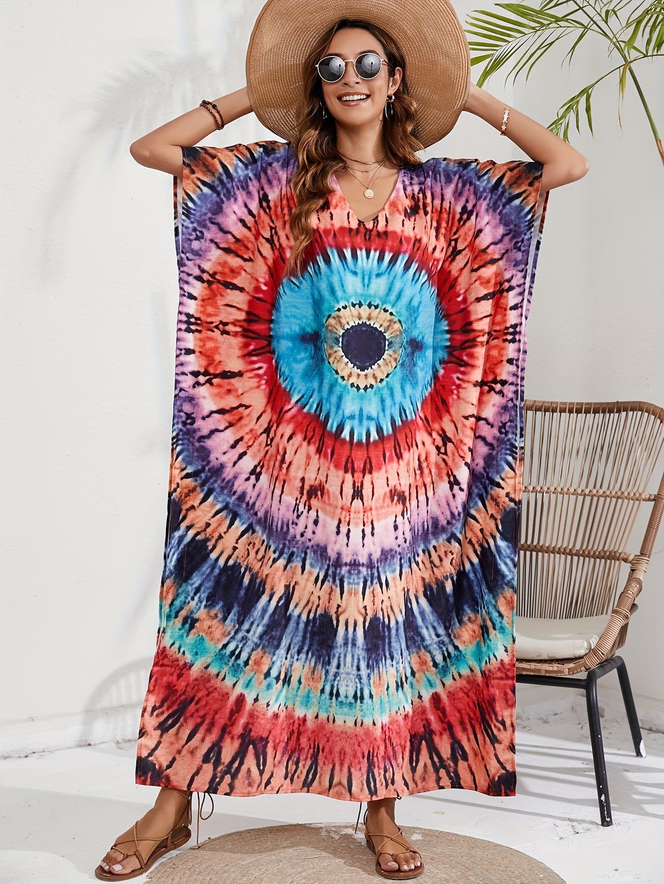 Boho Cover Up Plus Size Spiral Tie Dye Maxi Beach Dress