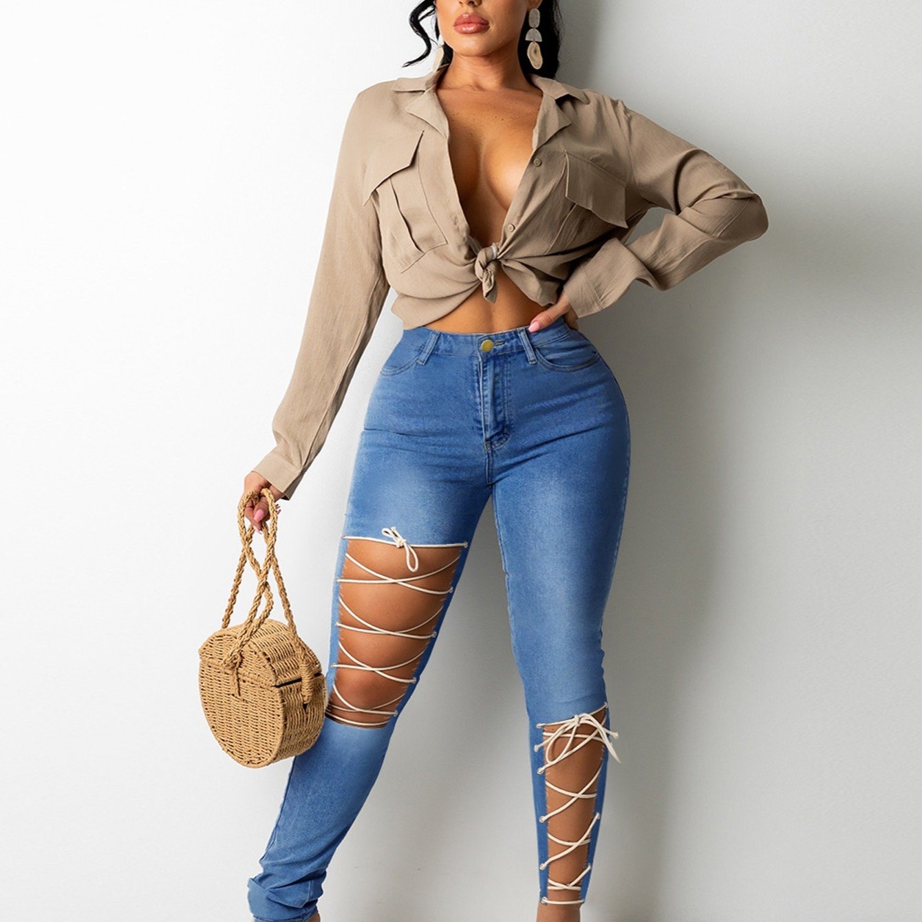 Laced Cutout Skinny Jeans High Rise Slim Fit Jeans With Lace Up Holes