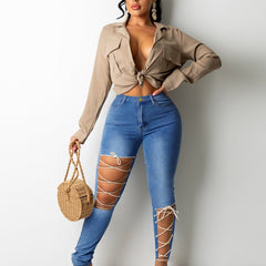 Laced Cutout Skinny Jeans High Rise Slim Fit Jeans With Lace Up Holes