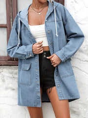 Hooded Long Denim Jacket Single Breasted Button Coat