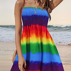 Rainbow Stripe Print Tube Dress Off Shoulder Shirred Dress