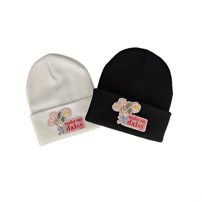 Daisy Embroidery Patch Beanie Knit Hat Windproof Warm Skull Cap