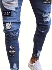 Slim Fit Ripped Patchwork Jeans Mens Casual Street Style Mid Stretch Denim Pants