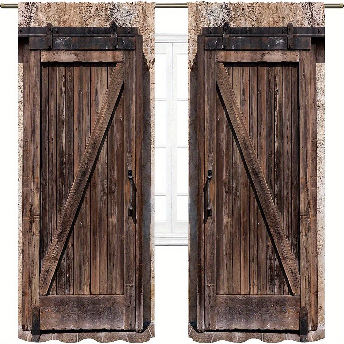 2pcs Vintage Wooden Door Printed Window Curtains - Rod Pocket Style