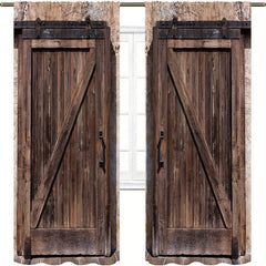 2pcs Vintage Wooden Door Printed Window Curtains - Rod Pocket Style