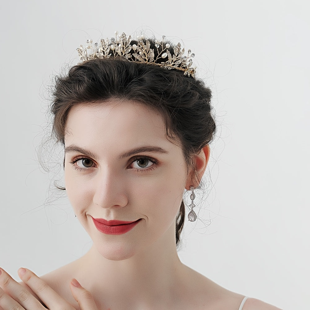 Golden Leaf Crown Hairband Headband Faux Pearl Tiara
