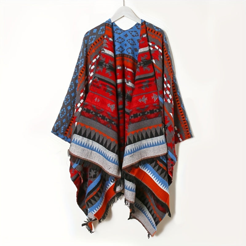 Boho Plaid Jacquard Large Shawl Vintage Warm Cape Scarf