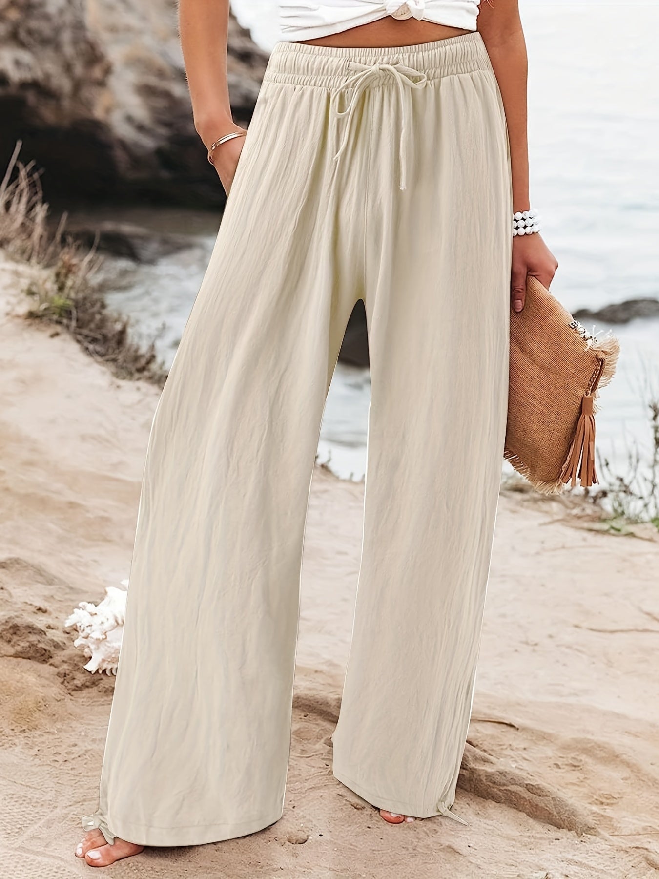 Solid Wide Leg Pants Casual Drawstring Waist Pants