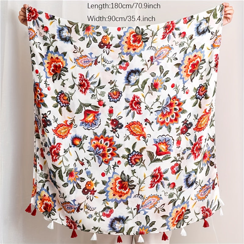 Flower Printed Fringe Shawl Large Sunscreen Blanket Long Shawl Wrap Scarf