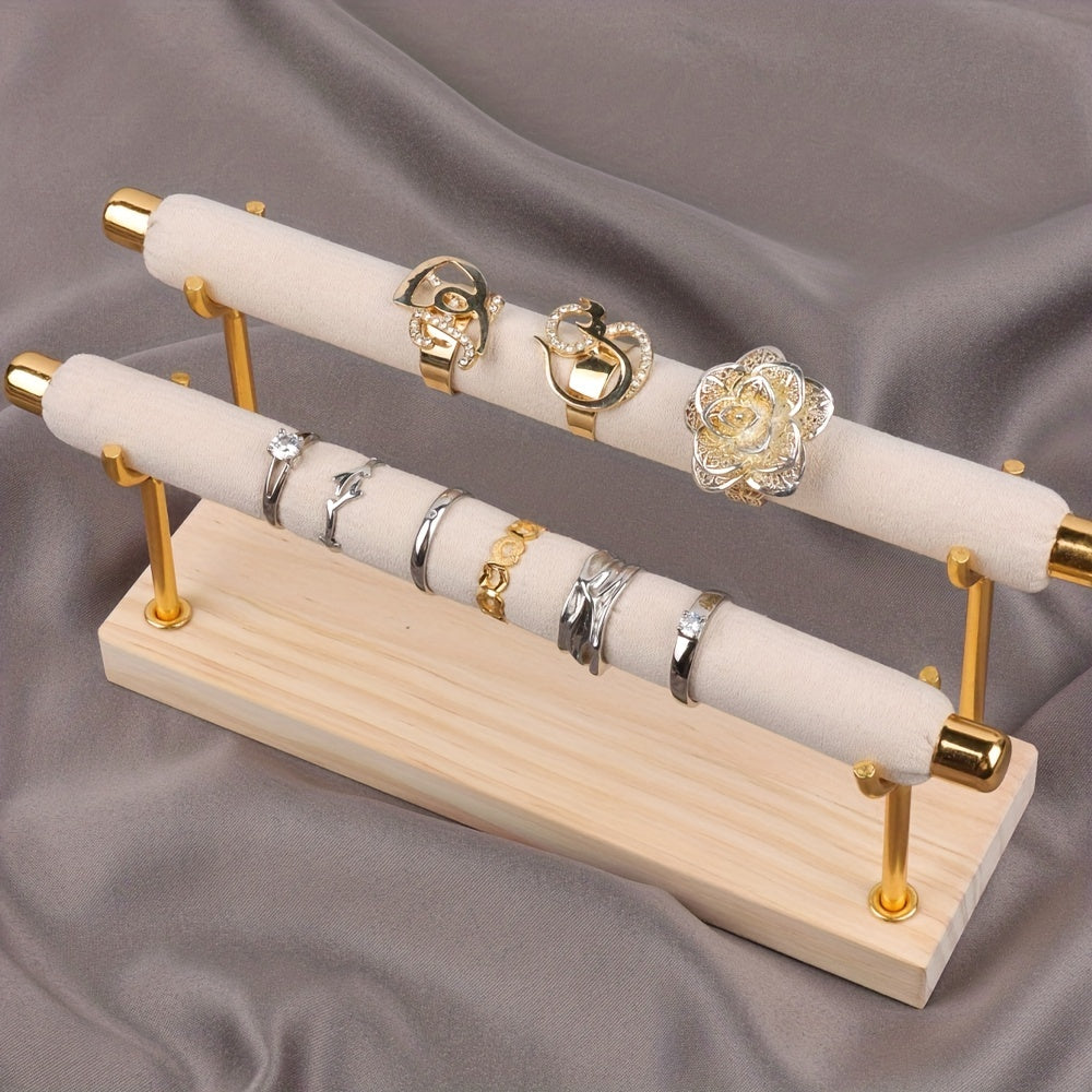 Two Tier Ring Flannel Display Jewelry Rack Solid Wood Base Organizer