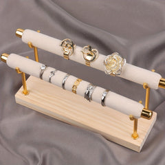 Two Tier Ring Flannel Display Jewelry Rack Solid Wood Base Organizer