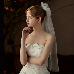 Bow Head Veil With Comb & Pearl Bridal Wedding Hair Accessories