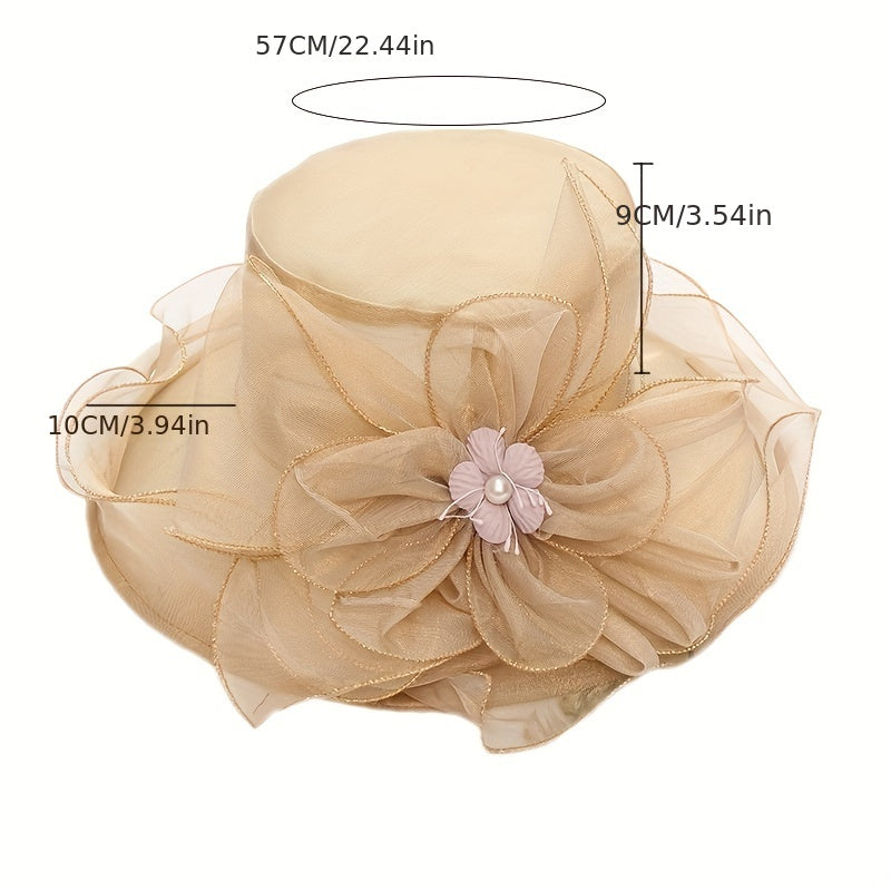 Ruffles Sun Hat Flower Decor Organza Church Derby Hats Mesh Travel Beach Hats