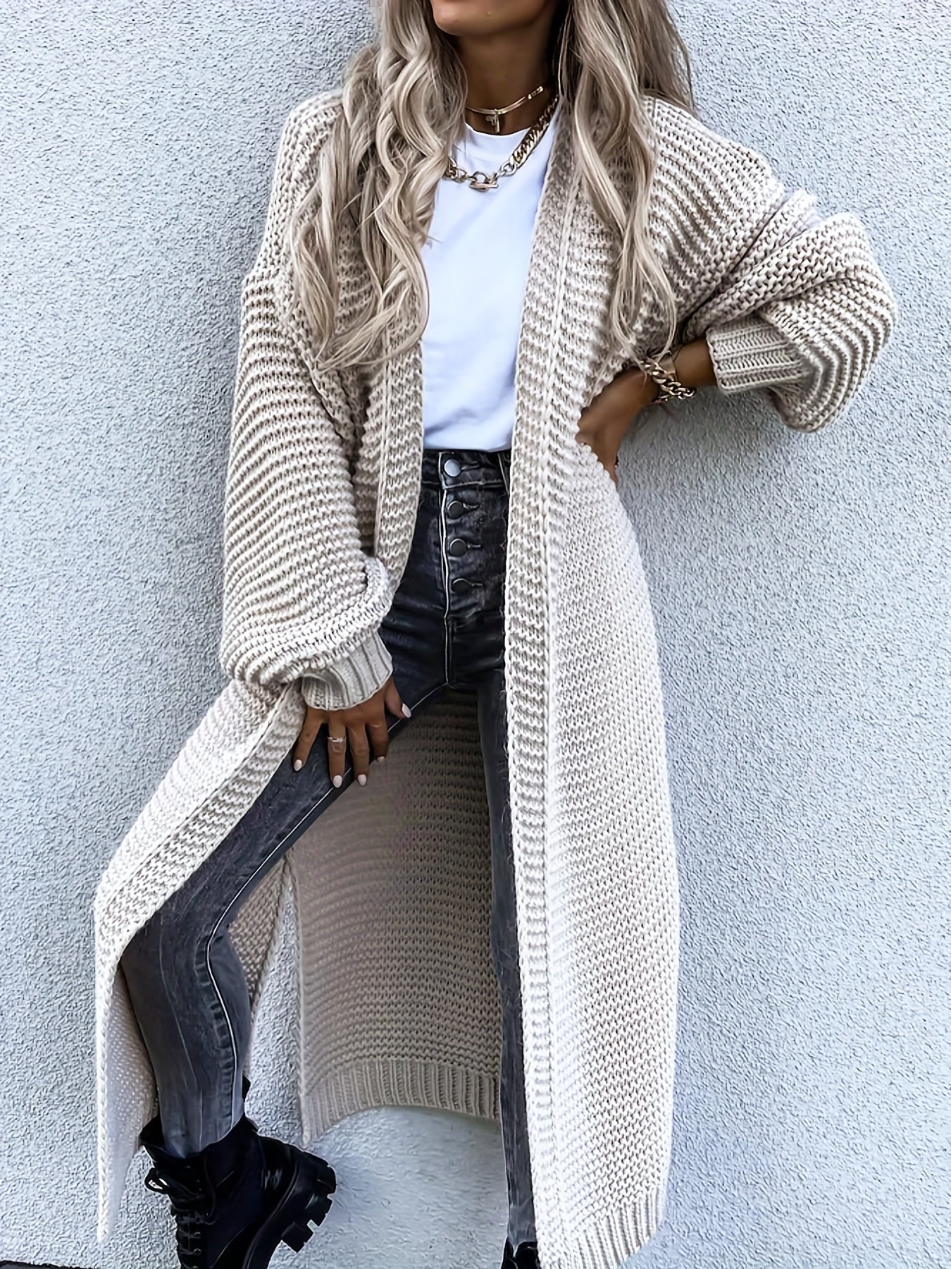 Solid Open Front Side Split Cardigan Casual Long Sleeve Cardigan