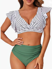 Vacay Bikini Set Women's Plus Striped Twist Front Ruffle Trim Crop Top