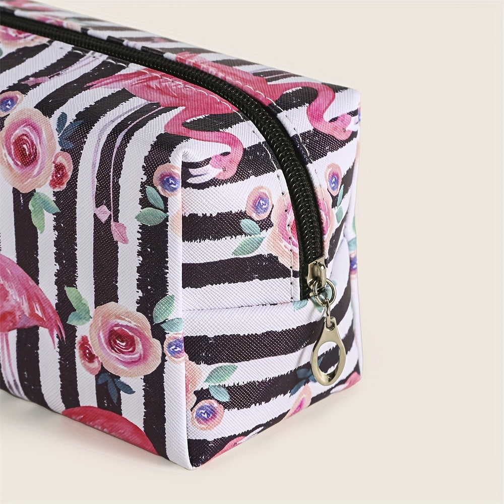 Flamingo Floral Stripes Pattern Makeup Bag Portable Travel Organizer