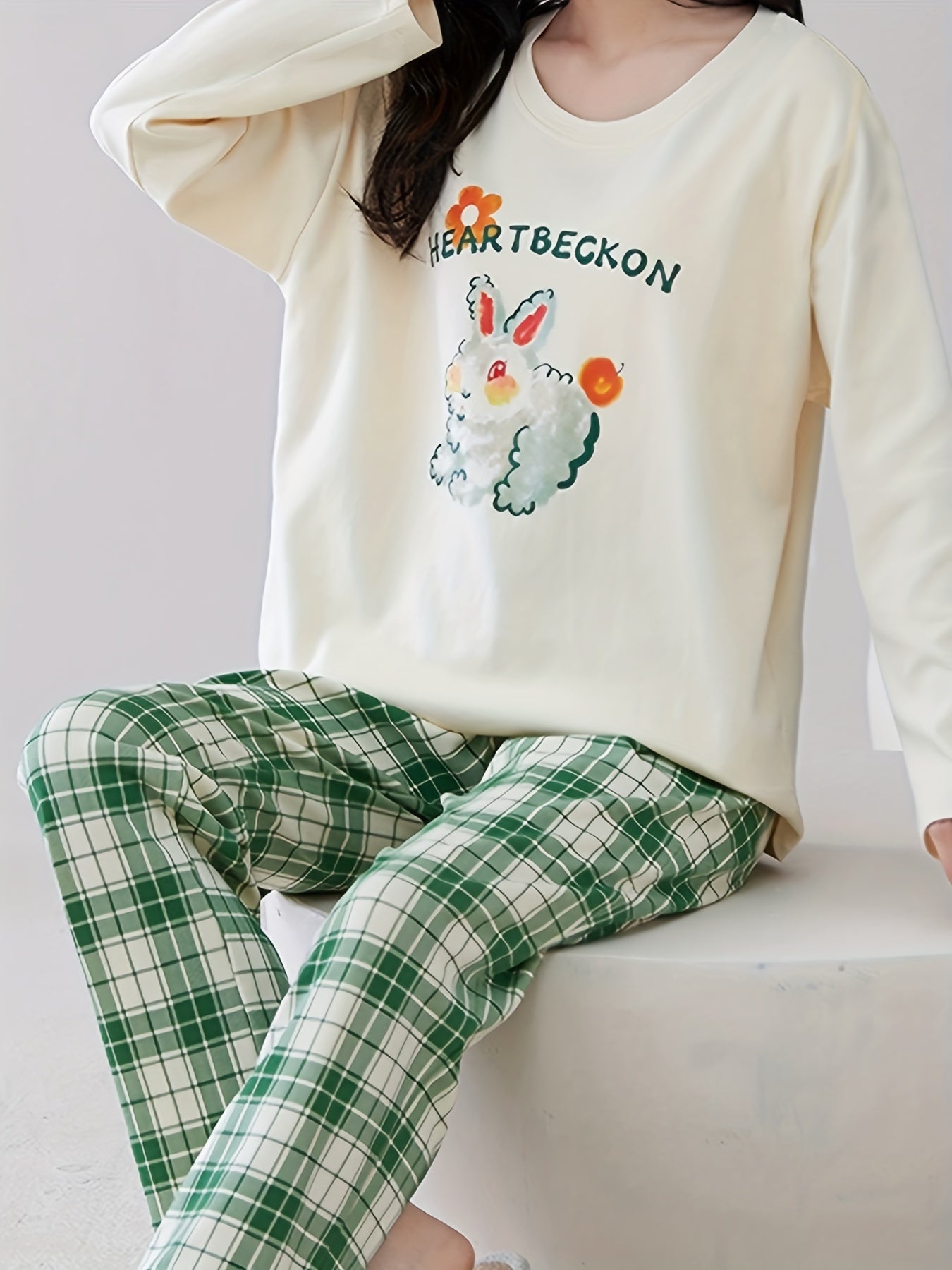 Bunny Print Pajama Set Long Sleeve Crew Neck & Plaid Pants