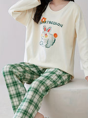 Bunny Print Pajama Set Long Sleeve Crew Neck & Plaid Pants