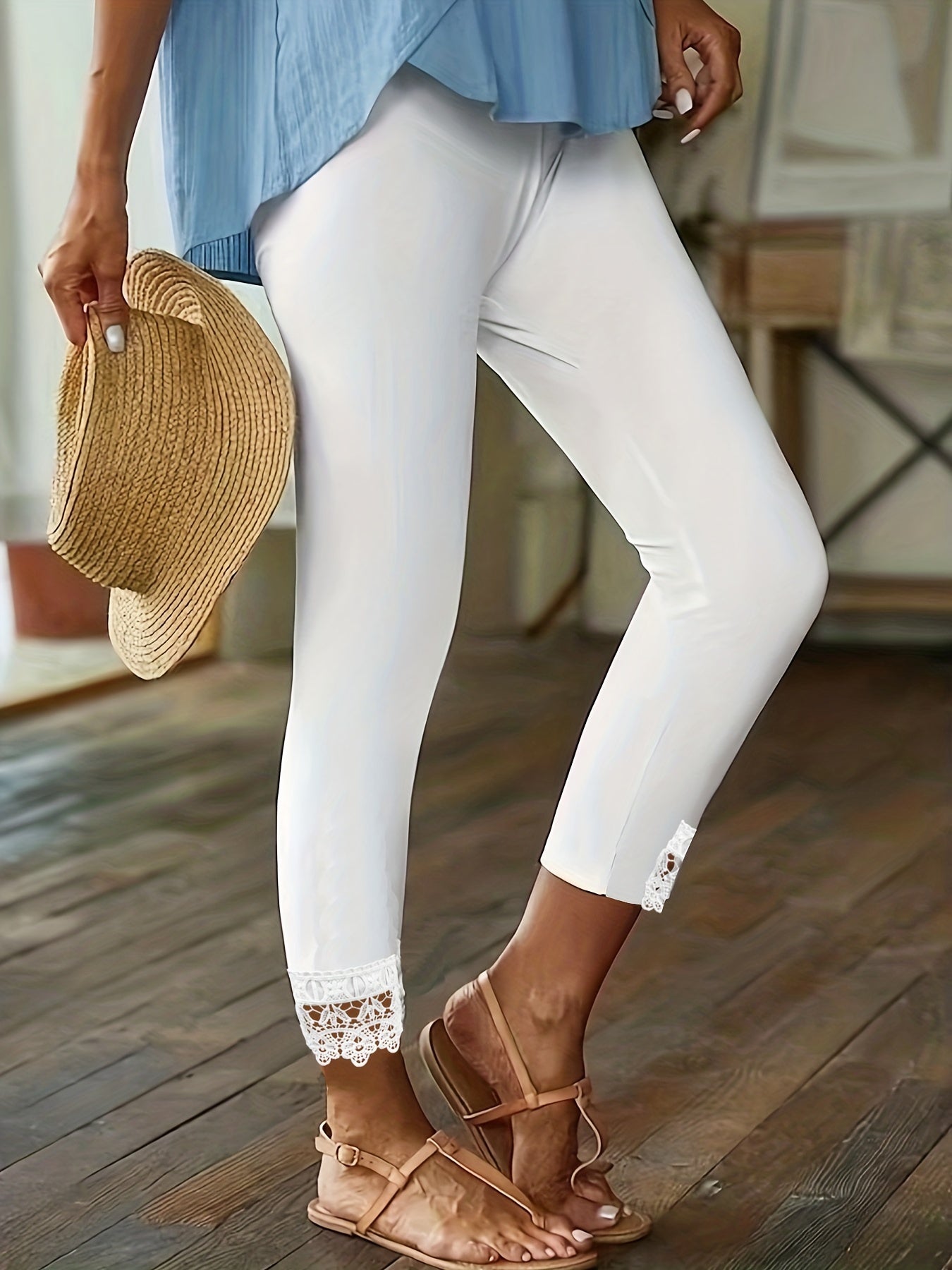 Contrast Lace Skinny Leggings Casual Every Stretchy Leggings