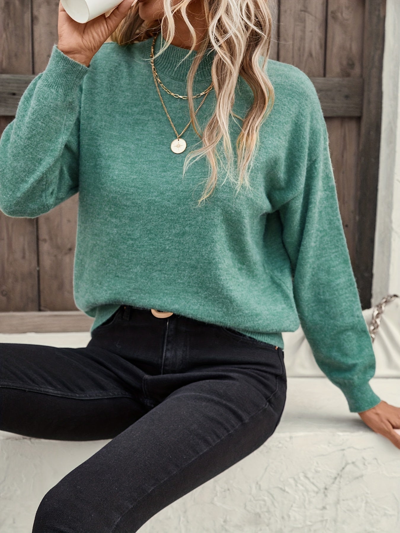 Mock Neck Pullover Sweater Long Sleeve Casual Women's Clothing