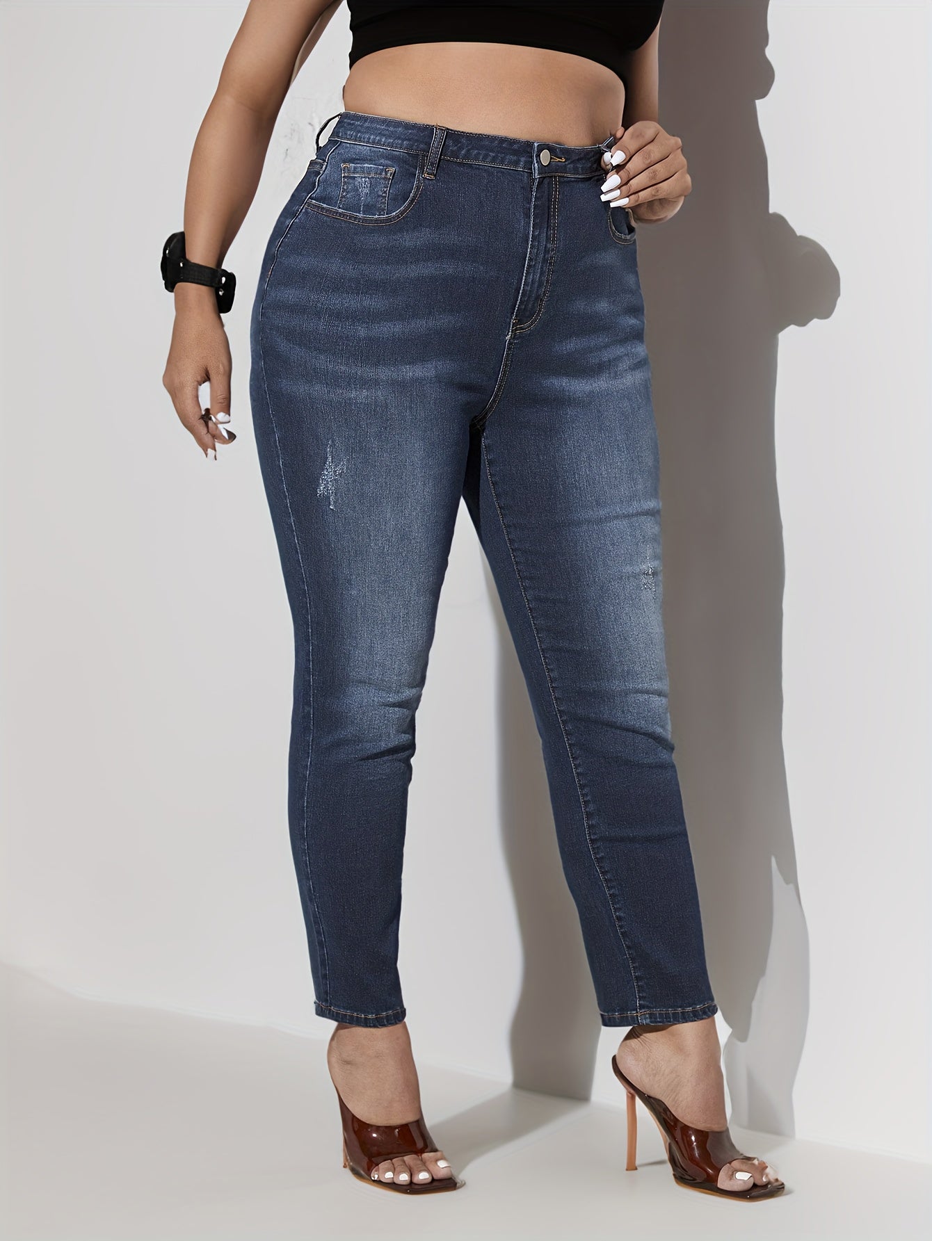 High Stretch Skinny Jeans, Washed Ripped Button Fly
