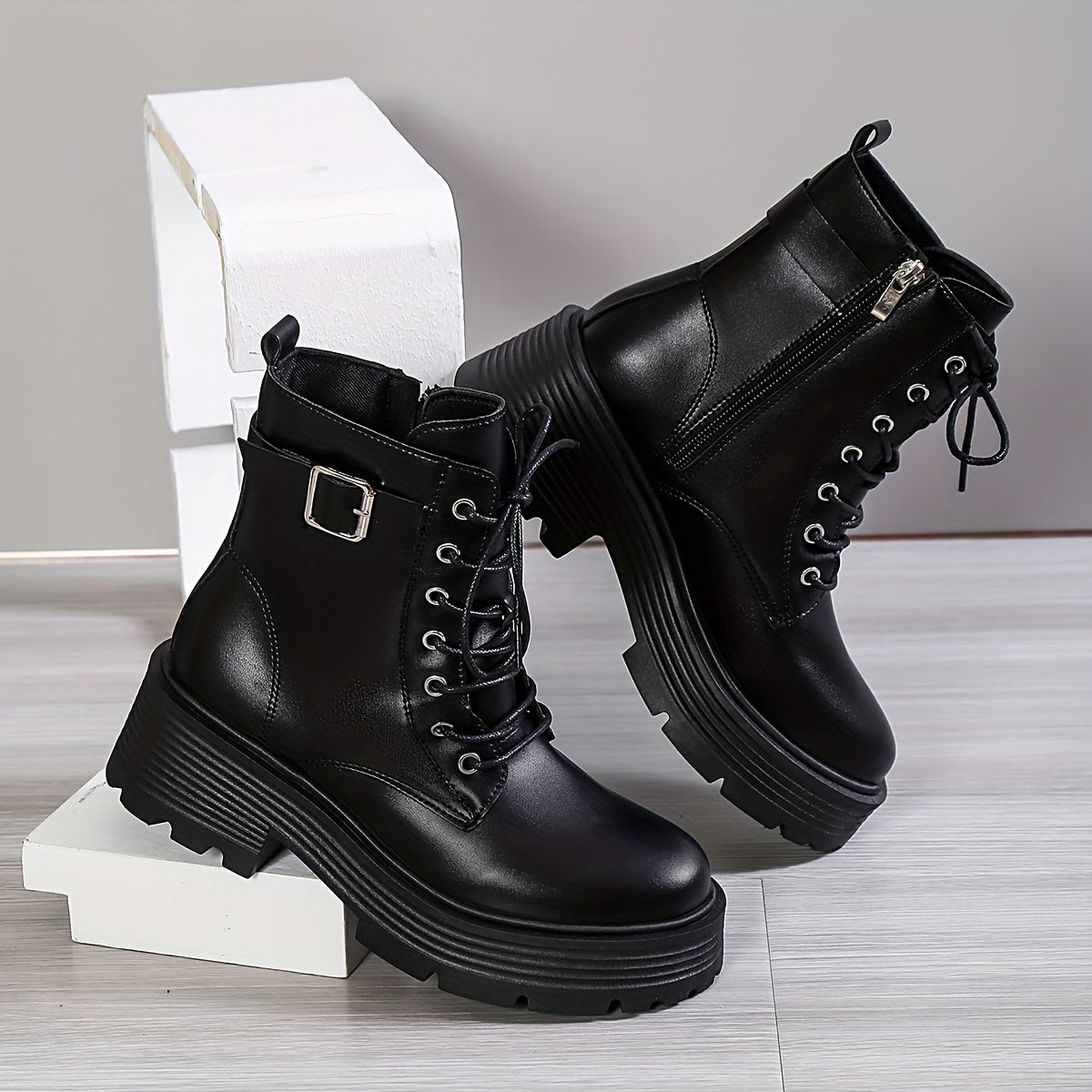 Women's Platform Ankle Boots Chunky Heeled Combat Boots