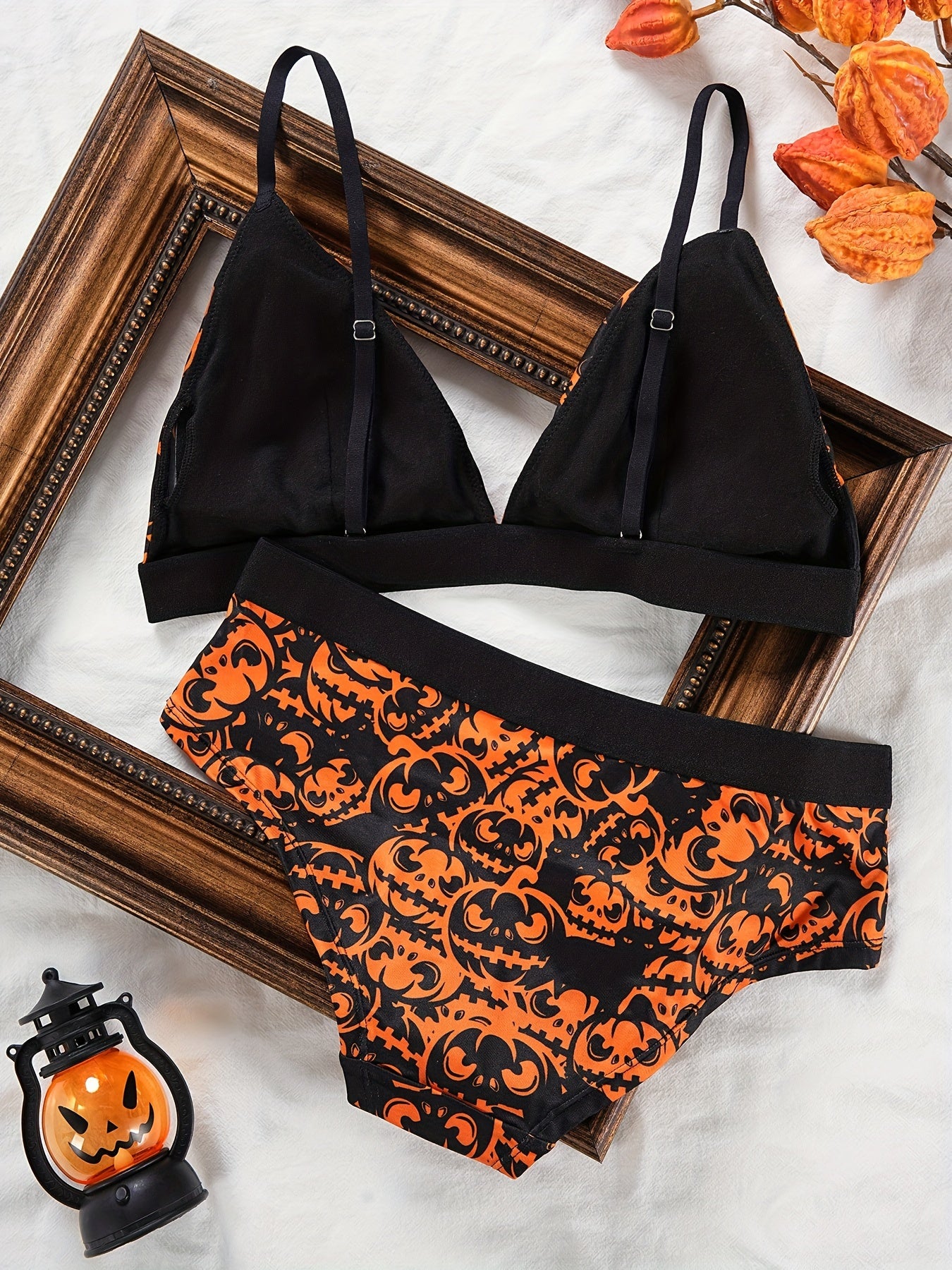 Pumpkin Print Plunge Bra & Panties Set