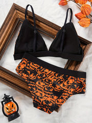 Pumpkin Print Plunge Bra & Panties Set