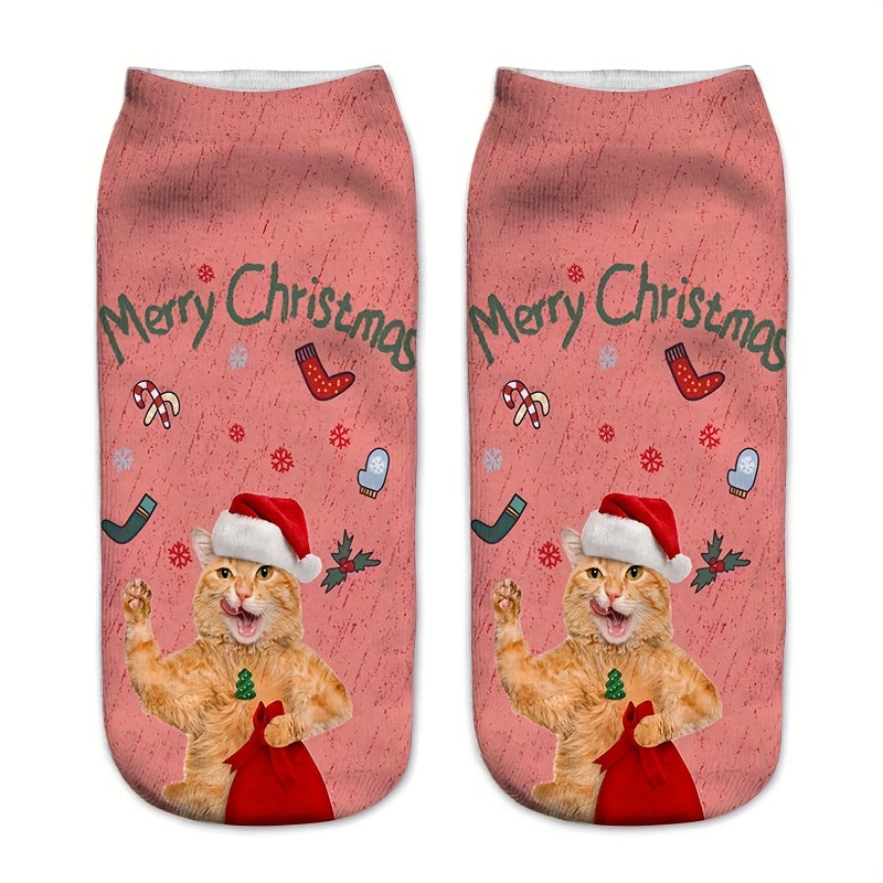 Cartoon Cat Print Crew Socks 2 Pairs Women's Stockings