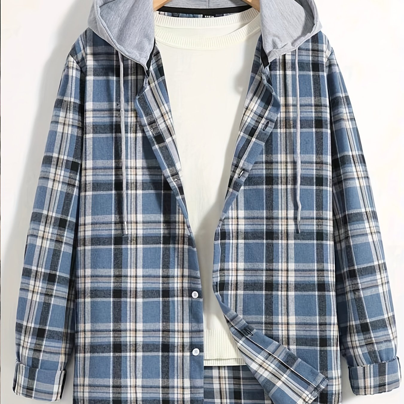 Men's Casual Hooded Shirt Spliced Pattern Buttoned Shirt With Hat