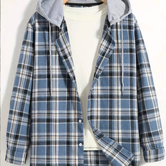 Men's Casual Hooded Shirt Spliced Pattern Buttoned Shirt With Hat