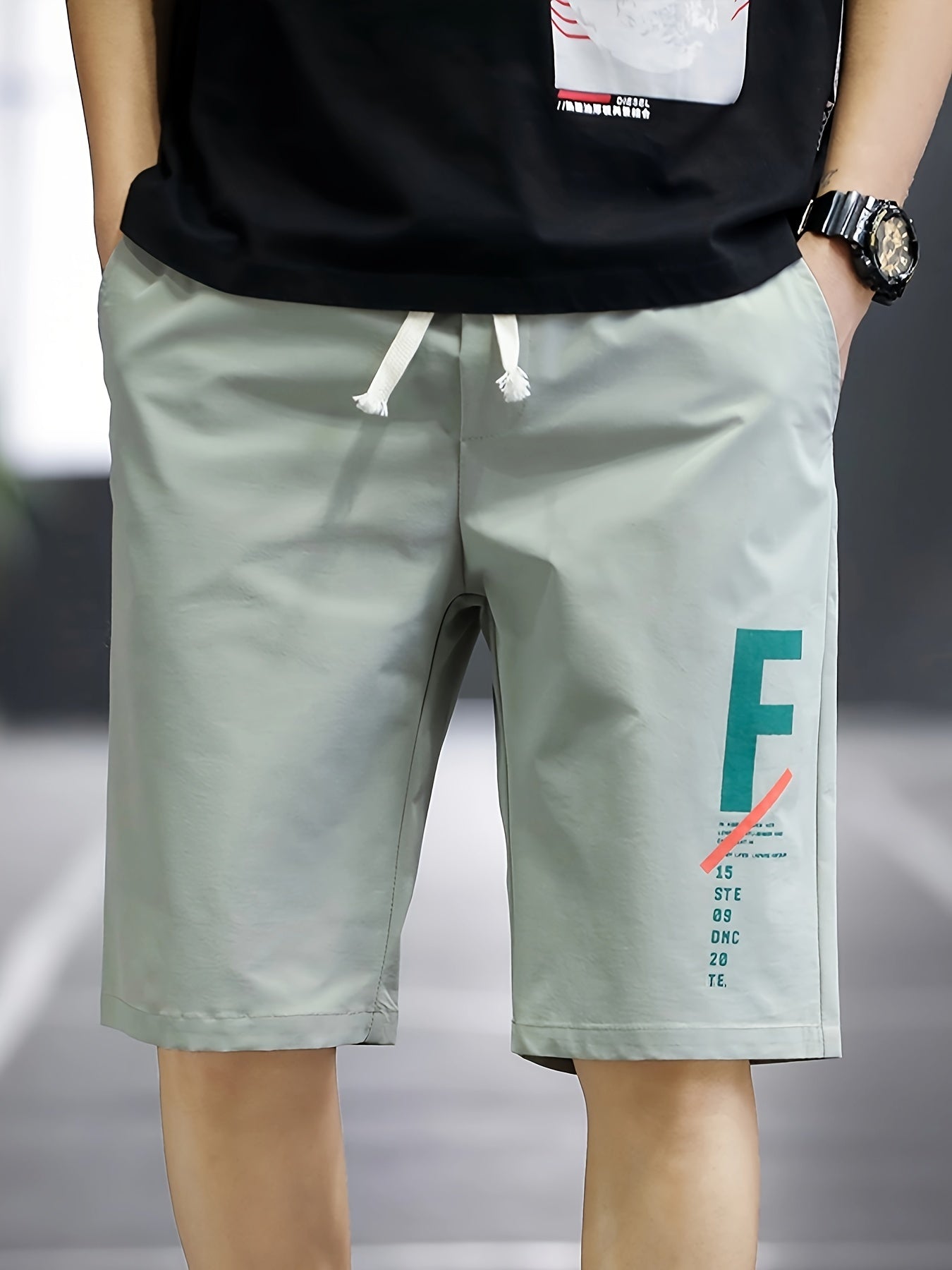 Men's Cargo Shorts with Letter Print and Drawstring Waist