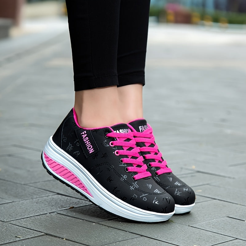 Women's Letter Printed Chunky Sneakers Lightweight Lace Up
