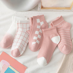 5 Pairs Plaid & Striped Crew Short Socks Women's Stockings