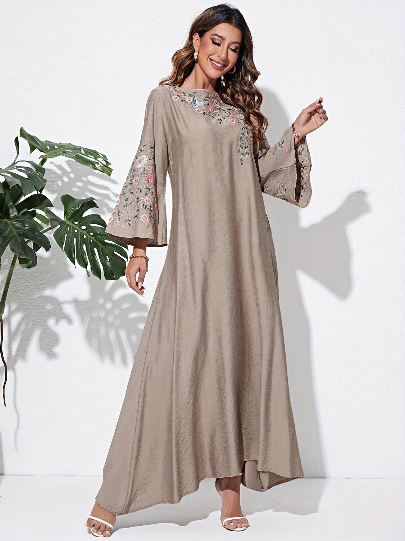 Floral Embroidered Maxi Dress with Flare Sleeves