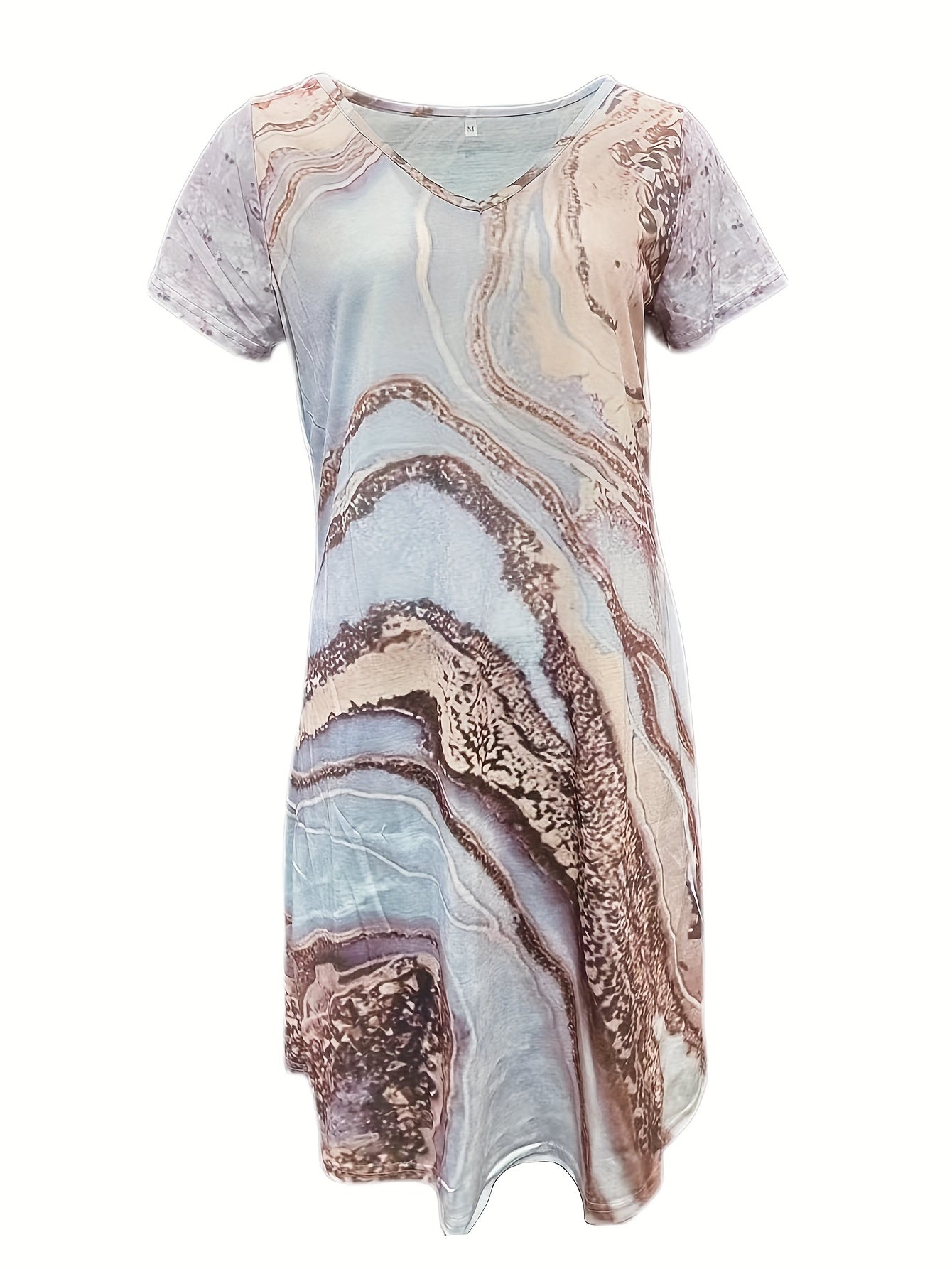 Marble Print V Neck Dress Short Sleeve Boho Summer Dress