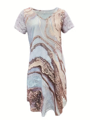 Marble Print V Neck Dress Short Sleeve Boho Summer Dress