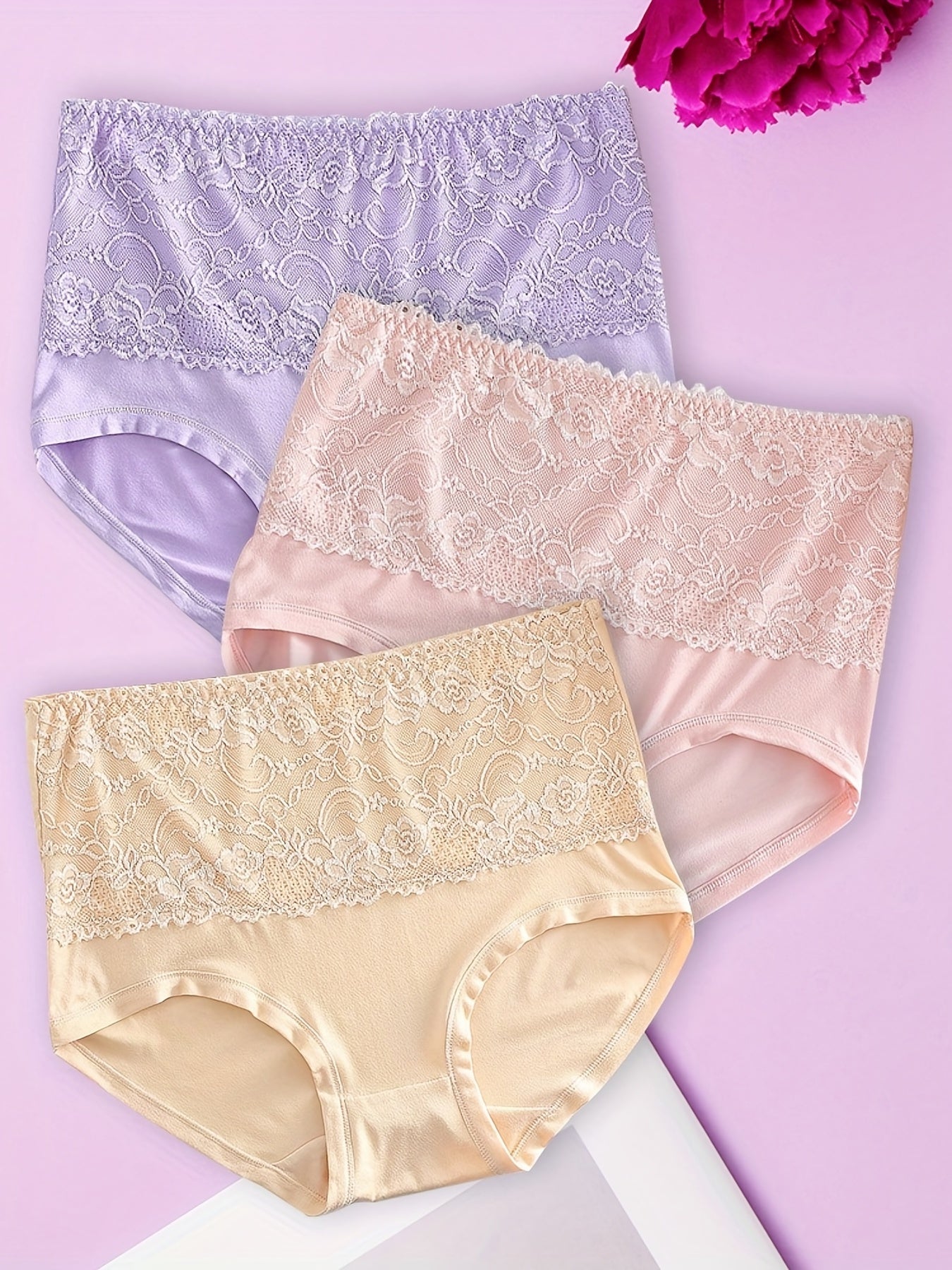 3 Pack Plus Size Lace High Waisted Briefs Set
