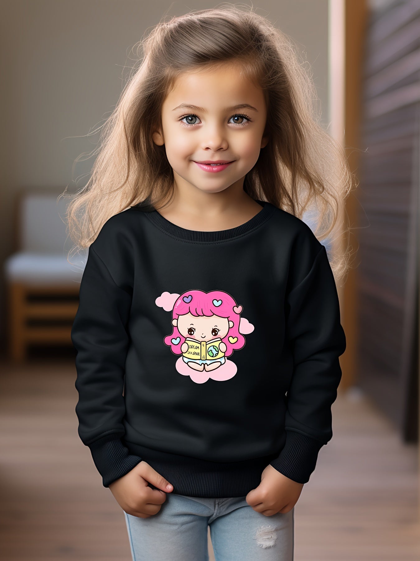Lovely Studying Girl Graphic Crew Neck Long Sleeve Sweatshirt Kids Clothes