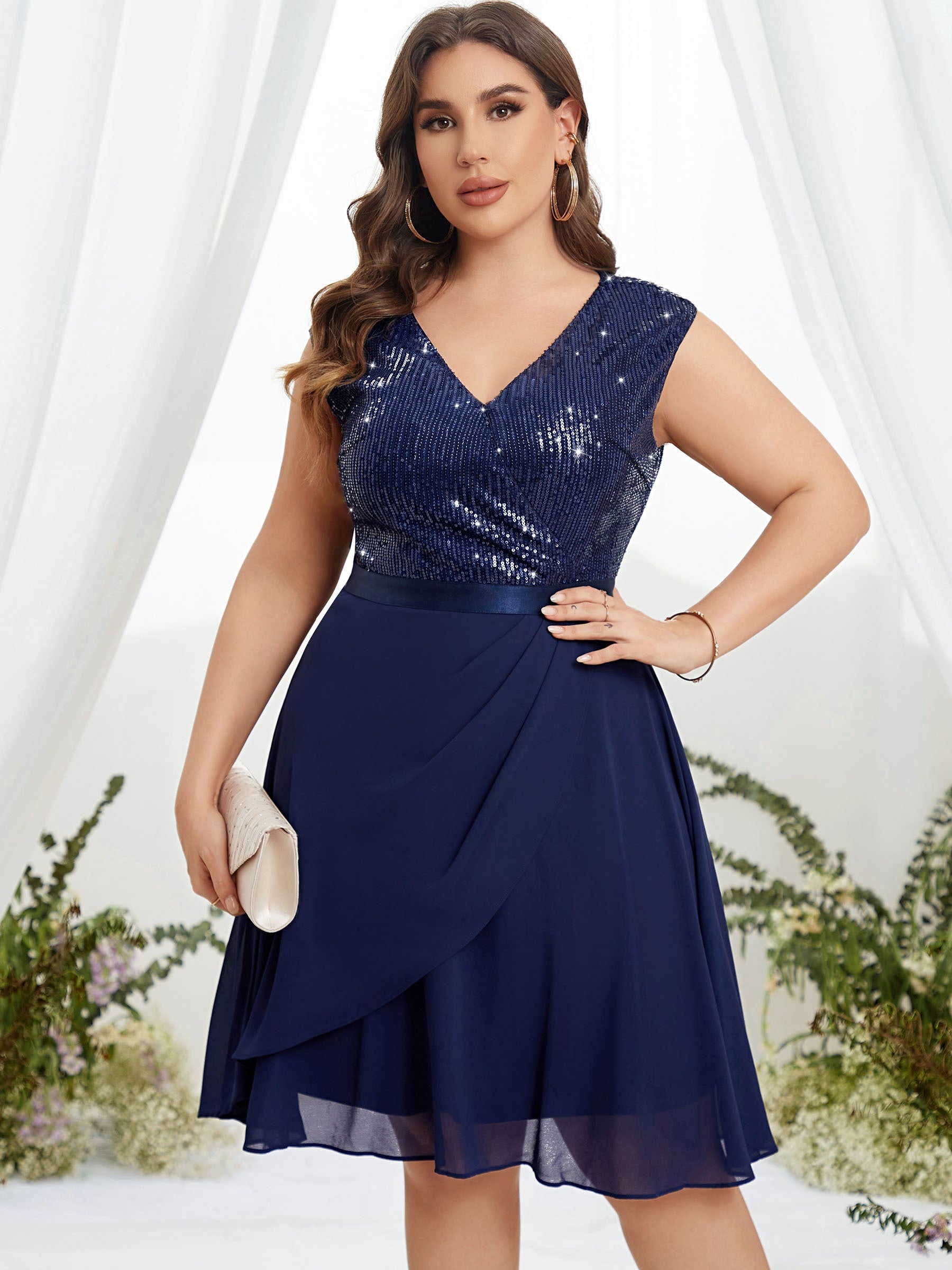 Solid Sequin Cap Sleeve V Neck Stretch Dress
