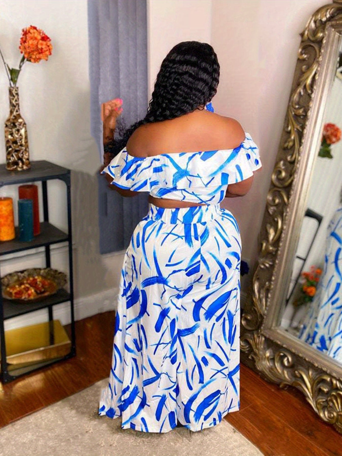 Two Piece Set Off Shoulder Print Crop Top & High Rise Maxi Skirt